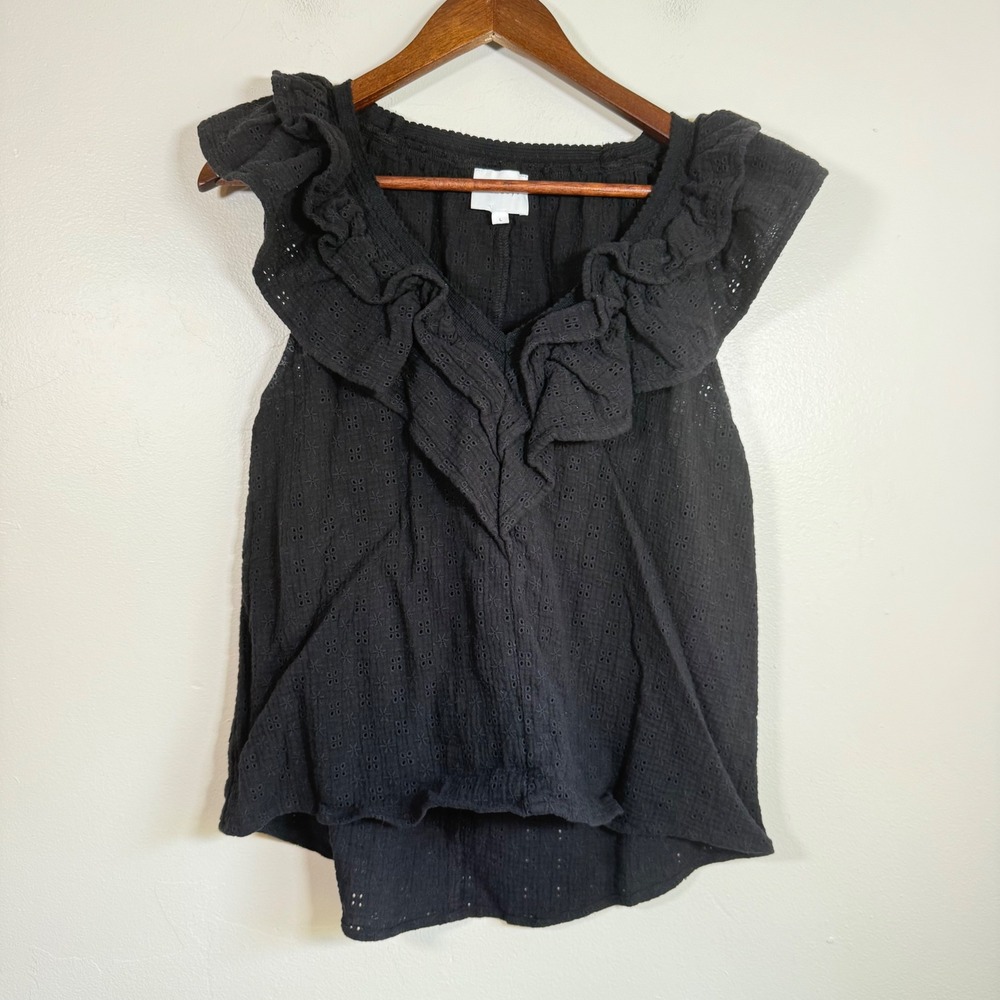Sundays Eyelet Ruffle V-Neck Sleeveless Blouse Size Large Black